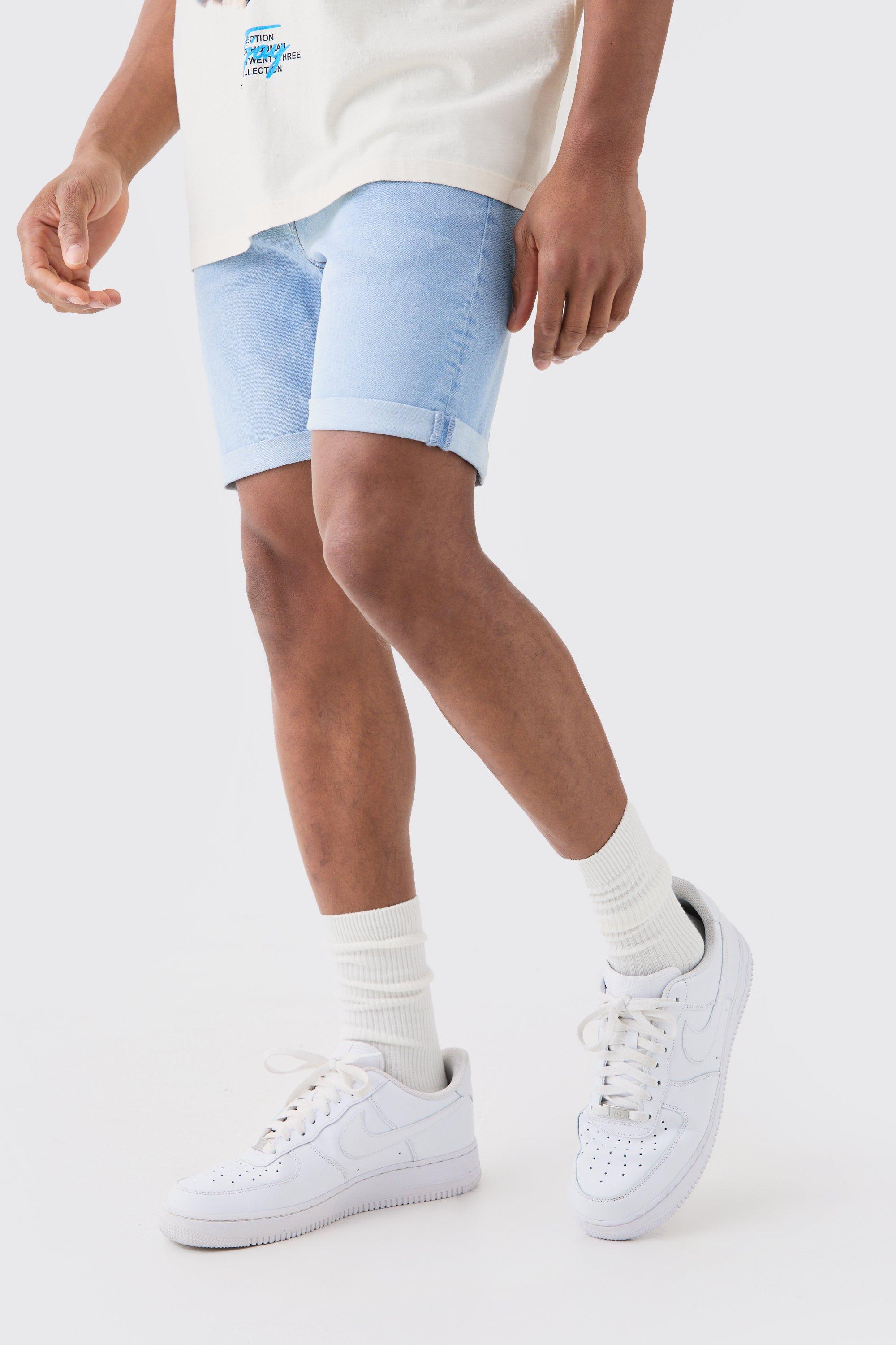 Mens Skinny Stretch Denim Shorts In Light Blue, Blue